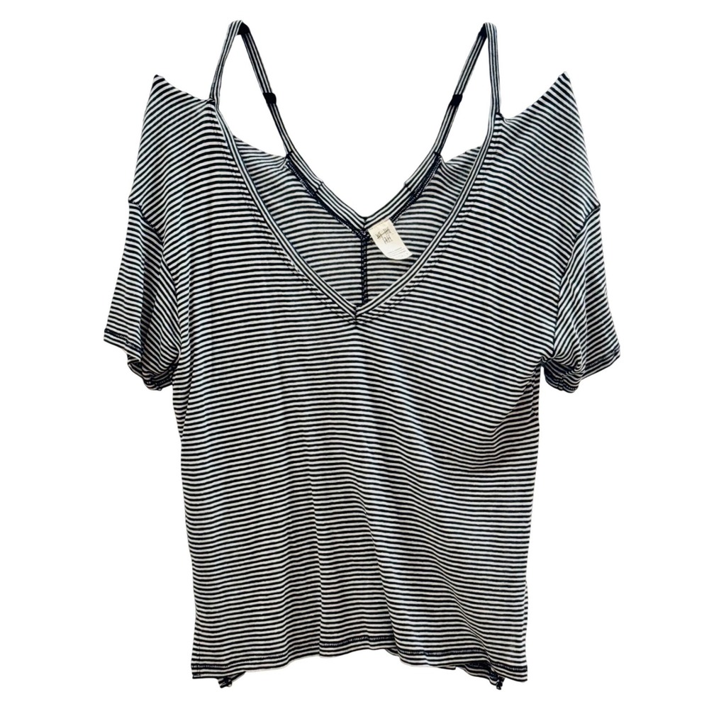 Free People We The Free Striped Cold Shoulder V-Neck‎ Tee Black White Size S